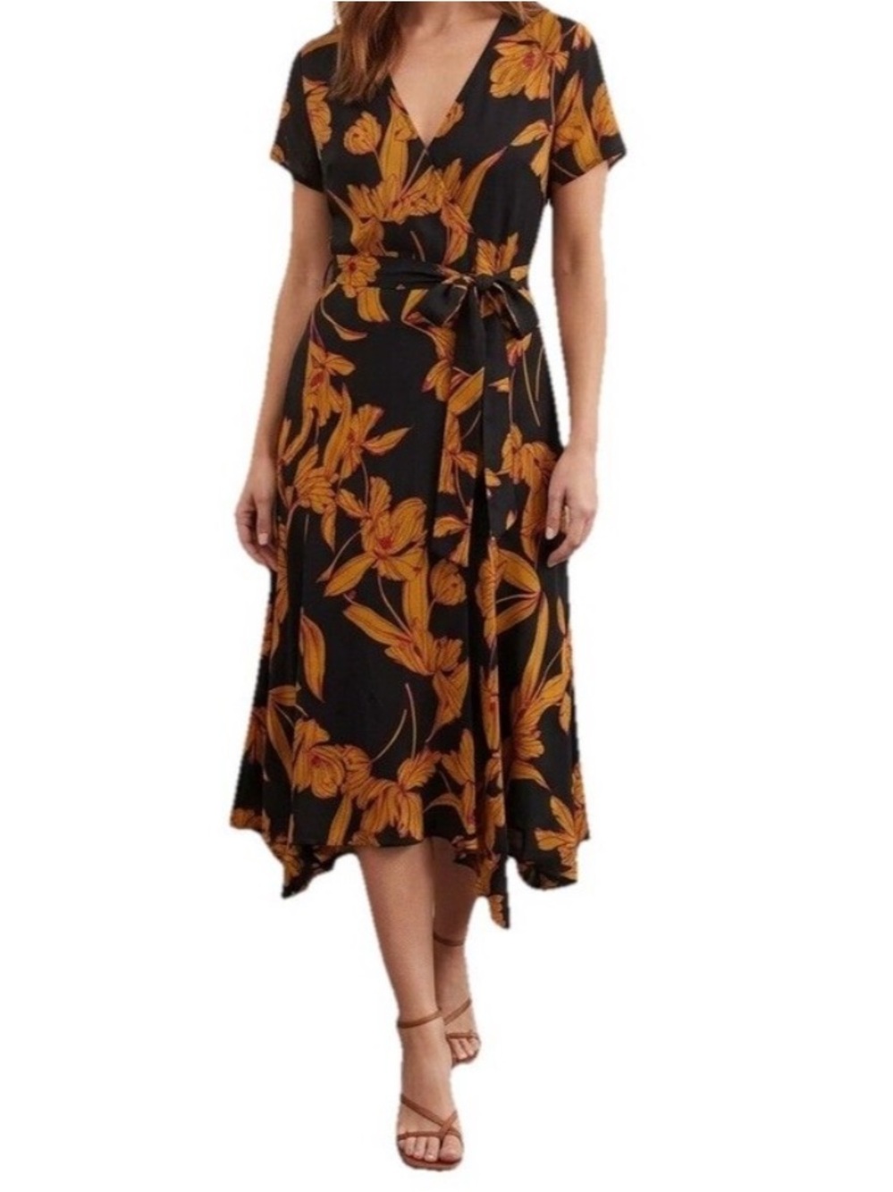 A.L.C. Women's Size 0 Black Gold Floral Silk Wrap Midi Dress Belted V-Neck Party